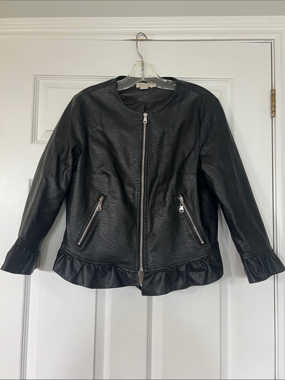 Molly Bracken Black Faux Leather Ruffle-Hem Jacket